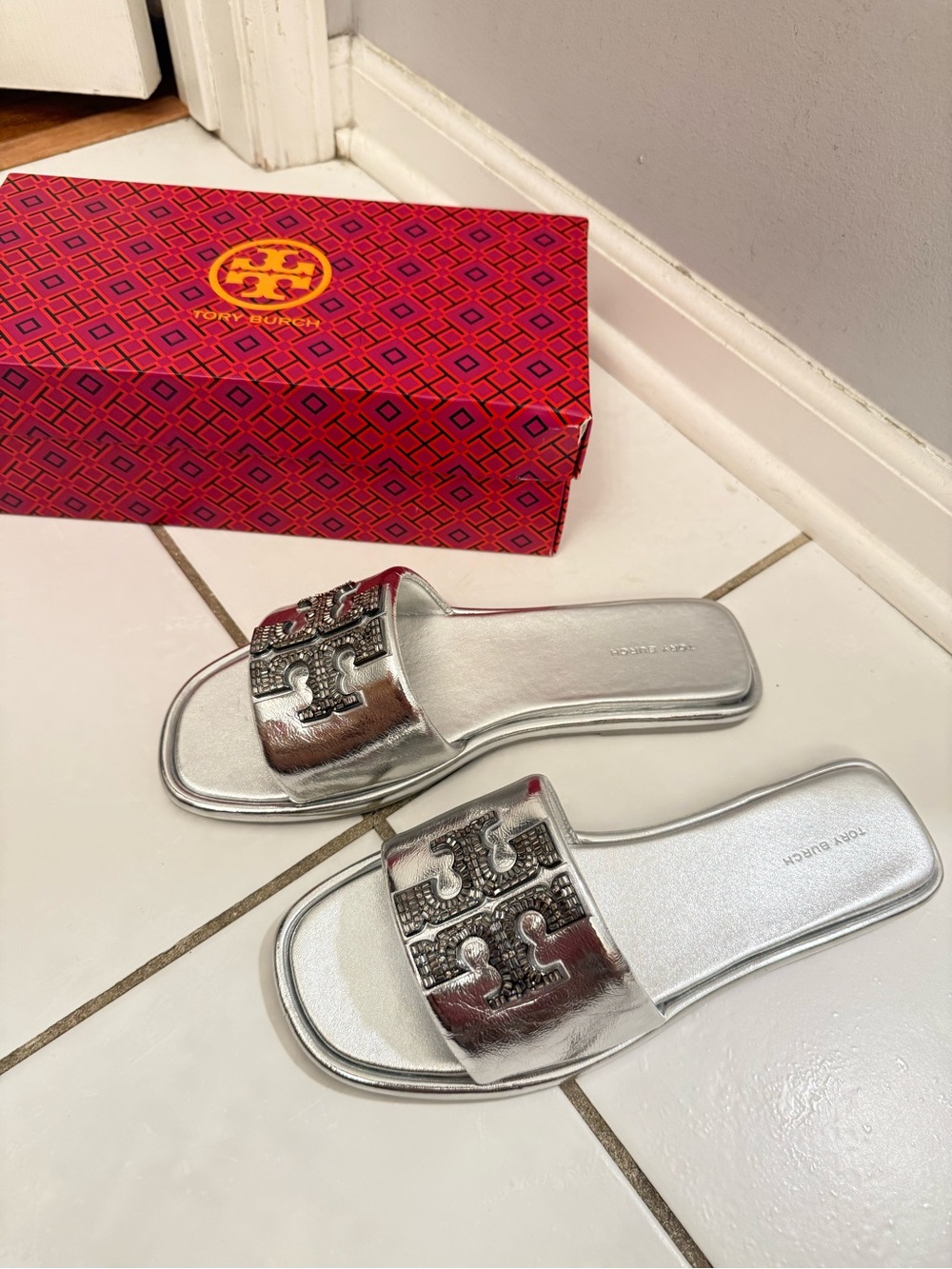 Tory Burch Metallic Silver Slide Sandals - Picture 5 of 6